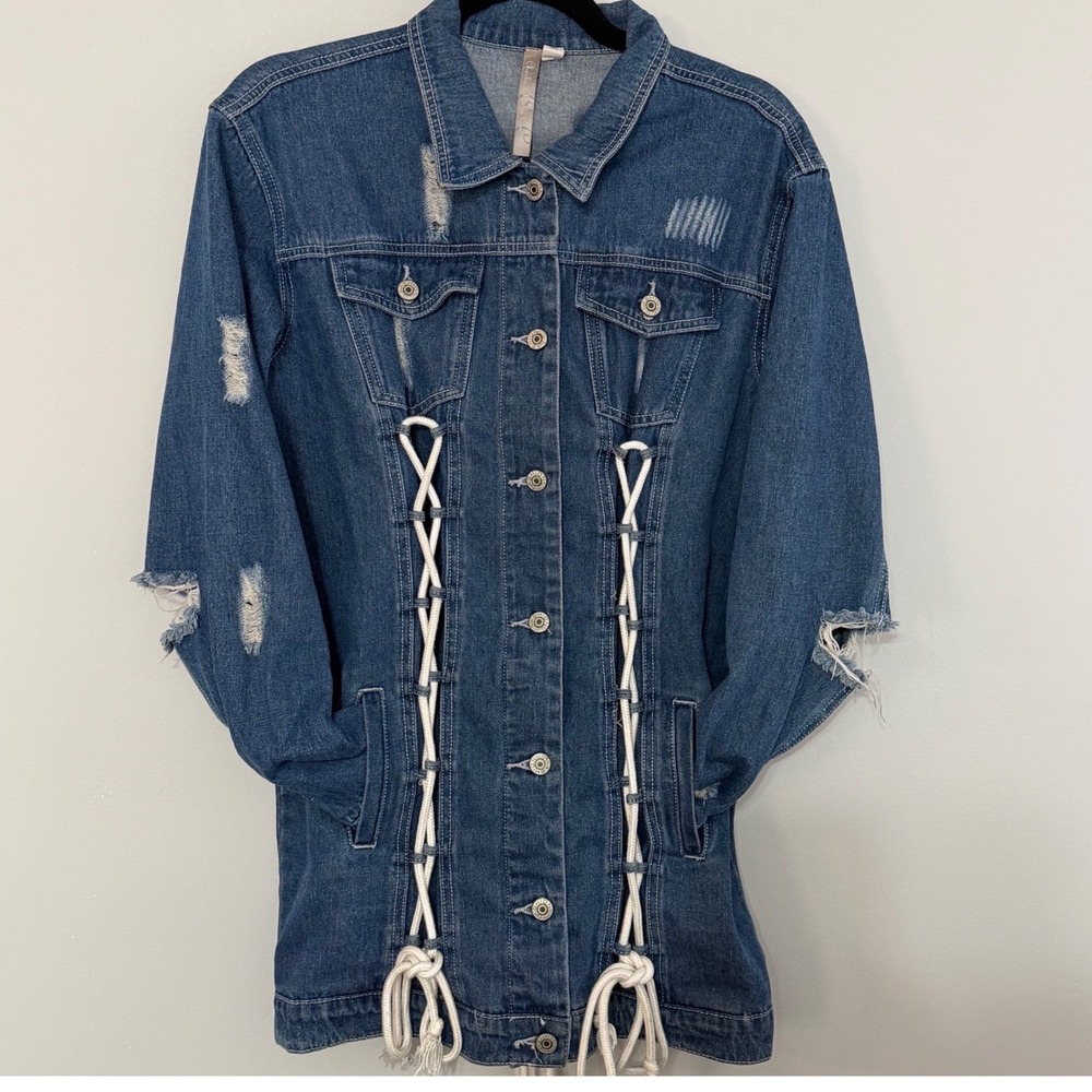 Charlie Charlie Charlotte Denim Jacket M Lace Up Distressed Y2K Chic Grunge Boho